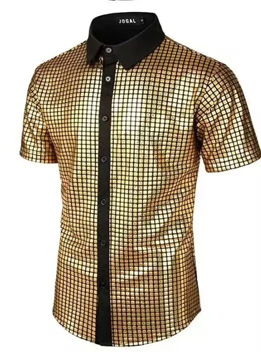 Men's Shiny Shirts Short Sleeve Shirts Nightclub Prom Disco Party Costume Button Blouse Casual Retro Cosplay Shirts Tops for Men