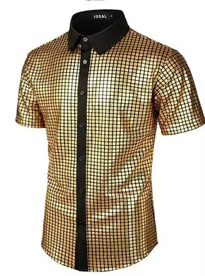Men's Shiny Shirts Short Sleeve Shirts Nightclub Prom Disco Party Costume Button Blouse Casual Retro Cosplay Shirts Tops for Men