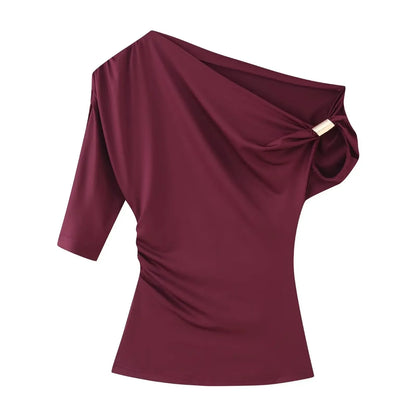 Women's Clothing 2026 Early Spring New Multi Color Sloping Shoulder Off Shoulder Design Side Top