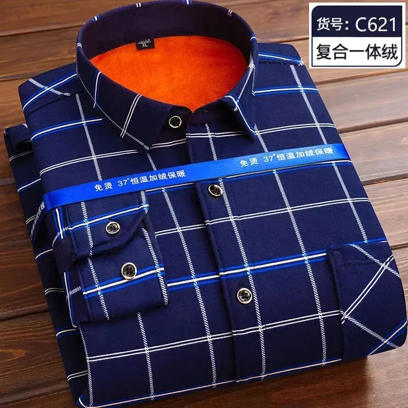 2026 Men's Wedding Party Warm Shirts Autumn Winter Oversized Casual Dress Office Business Fleece Shirts Male Casual Warm Shirts