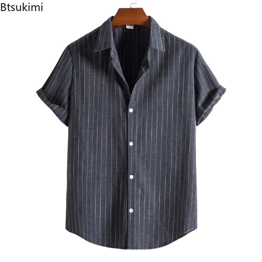 2026 Men's Striped Shirts Fashion Holiday Style Short Sleeve Casual Shirts Comfortable Loose Street Tops Men Summer Basic Shirts