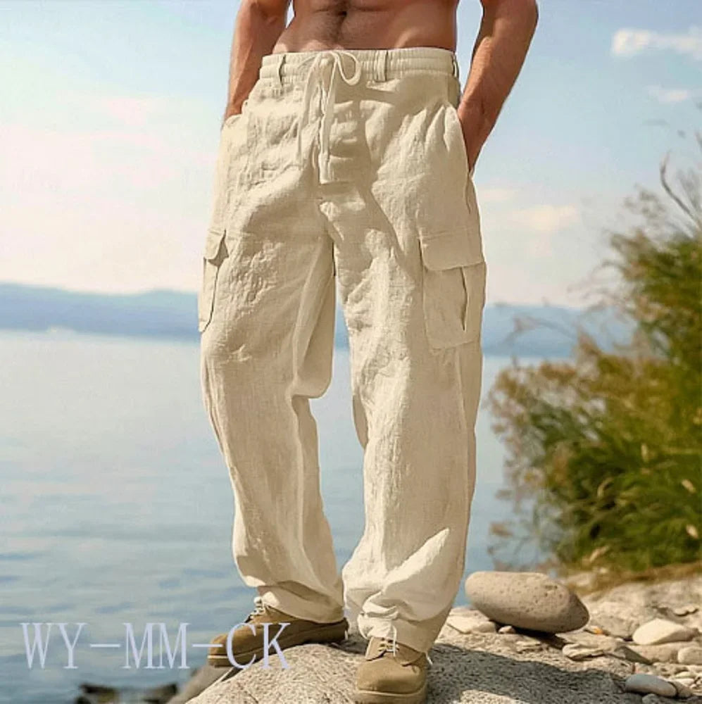 NEW European And American Men's Cotton And Linen Trousers Multi-pocket Work Pants Loose Straight Sportswear And Casual Trousers