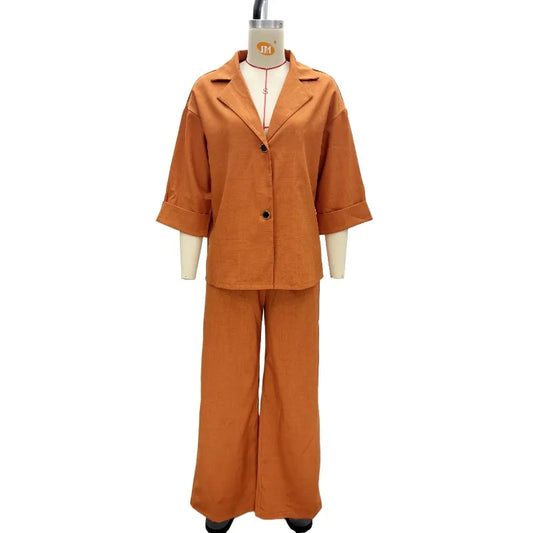 Two Piece Set Women Wholesale Lapel Loose Single Breasted Shirt High Waisted Straight Leg Pants Casual Elegant Suit