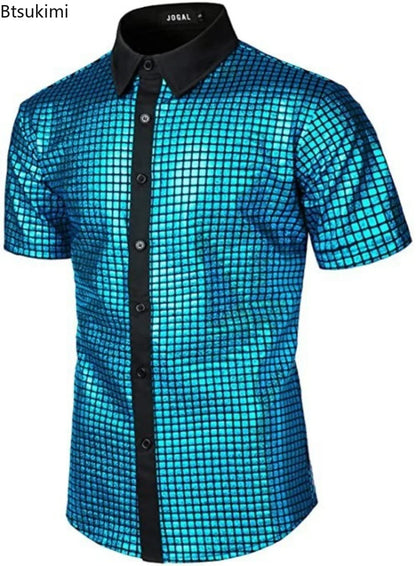 Men's Shiny Shirts Short Sleeve Shirts Nightclub Prom Disco Party Costume Button Blouse Casual Retro Cosplay Shirts Tops for Men
