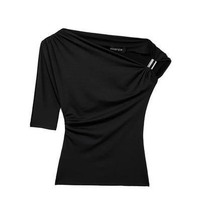 Women's Clothing 2026 Early Spring New Multi Color Sloping Shoulder Off Shoulder Design Side Top