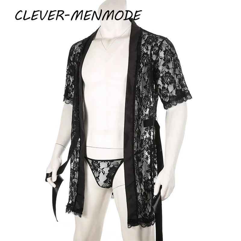 Men's Sexy Short Sleeve See-Through Lace Bathrobe Transparent Sex Erotic Pajamas Thong Hot Suit Home Wear Clothing