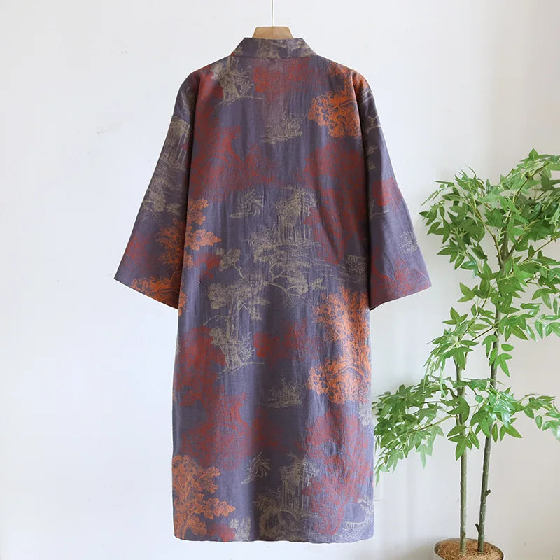 Men's Roomwear Cotton Kimono Pajamas Robes for Spring Jacquard Printed Home Clothing Medium Length Oversized Breathable Bathrobe