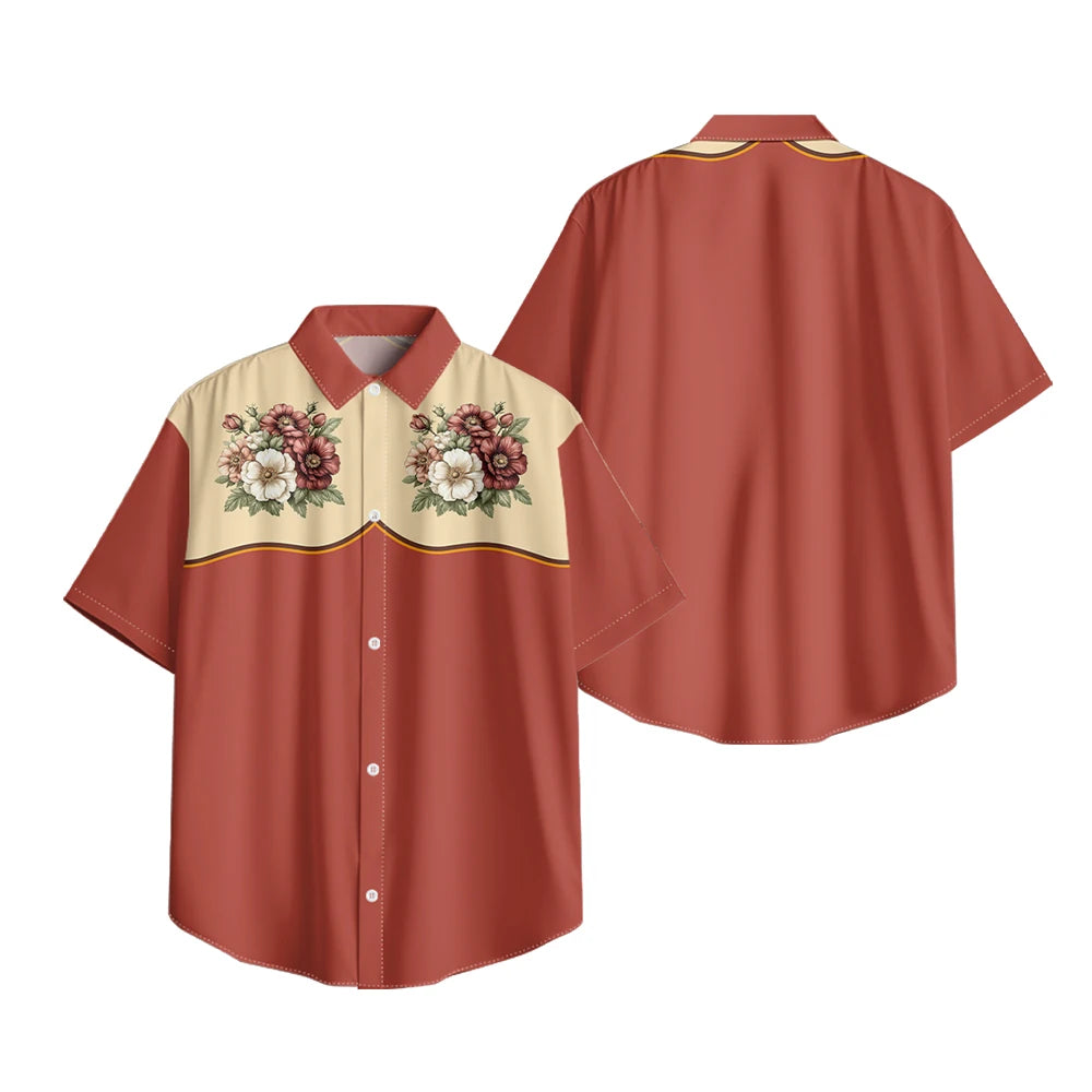 Men's Fashion Casual Shirt with Musical & Floral Design Short Sleeve Button Up Shirt Retro Hawaiian Inspired Summer Shirt
