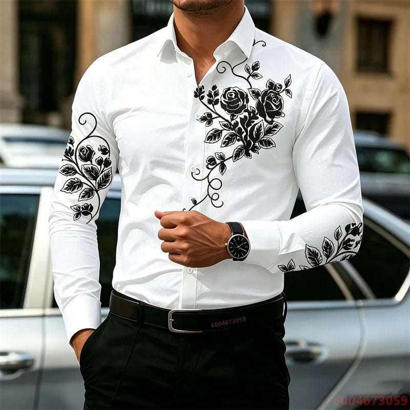 2026 New Men's Shirt with Rose Print, Long Sleeve, Slim Fit, Wrinkle-Free, Business Casual White Shirt, Trendy Men's Shirt