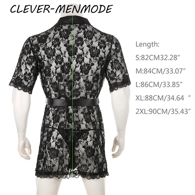 Men's Sexy Short Sleeve See-Through Lace Bathrobe Transparent Sex Erotic Pajamas Thong Hot Suit Home Wear Clothing