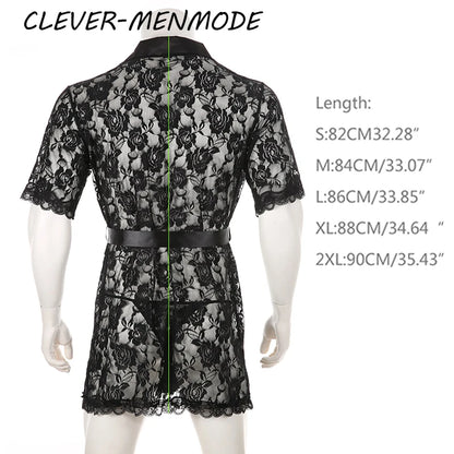 Men's Sexy Short Sleeve See-Through Lace Bathrobe Transparent Sex Erotic Pajamas Thong Hot Suit Home Wear Clothing