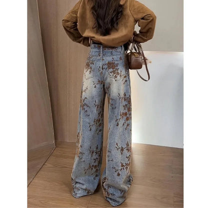 Women's Fashion Flocked Jacquard Wide-Leg Jeans - 2025 New Winter Style, High-Waisted, Slimming, Straight-Leg