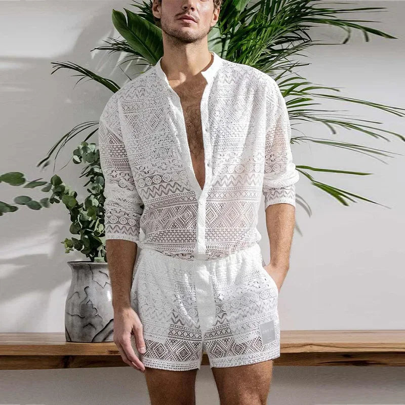 2026 Cross-border AliExpress European and American men's long-sleeved lace cut-out shirt casual shorts men's suit