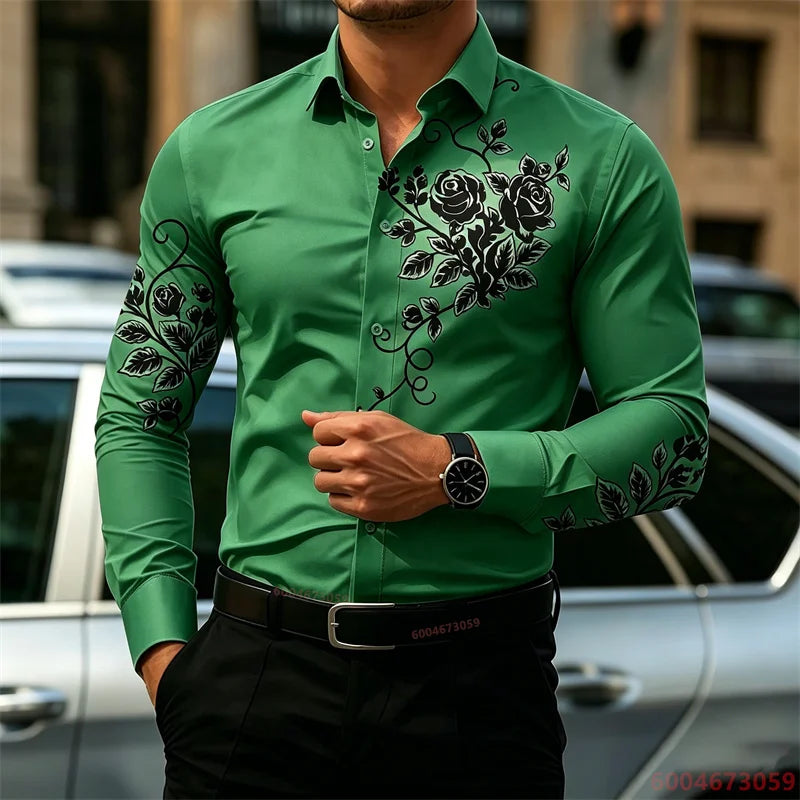2026 New Men's Shirt with Rose Print, Long Sleeve, Slim Fit, Wrinkle-Free, Business Casual White Shirt, Trendy Men's Shirt