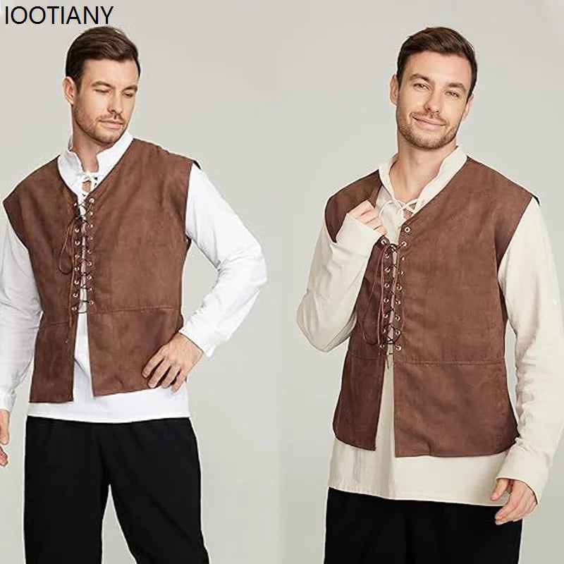 Medieval Renaissance Clothing Men Stand-up Collar Solid Color Shirt Vest Gothic Retro Lace-up Top Plus Vests Two-piece Suits New