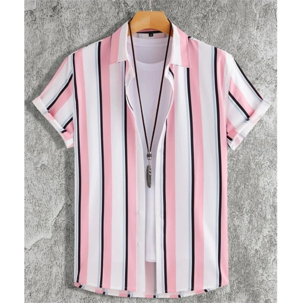 Hawaiian Shirts For Men 3d Striped Print Short Sleeve Shirts Summer Loose Casual Tops Simple Fashion Oversized Men Clothing
