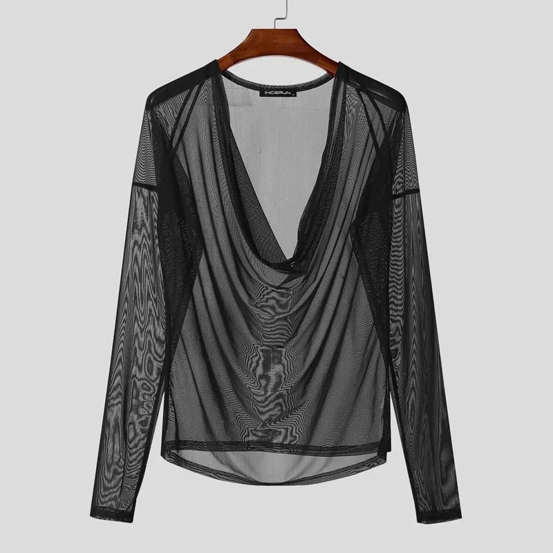Men T Shirt Mesh See Through Sexy Long Sleeve Casual Male Tee Tops Party Nightclub Streetwear Fashion Men Clothing S-5XL