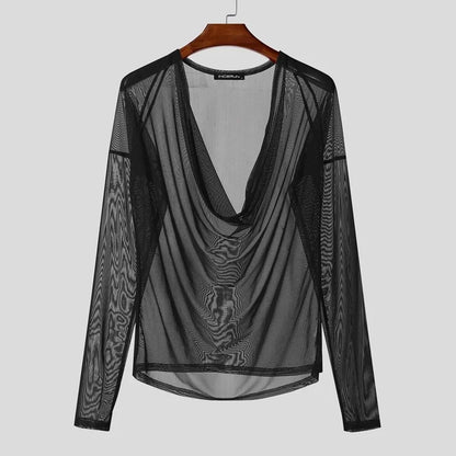 Men T Shirt Mesh See Through Sexy Long Sleeve Casual Male Tee Tops Party Nightclub Streetwear Fashion Men Clothing S-5XL