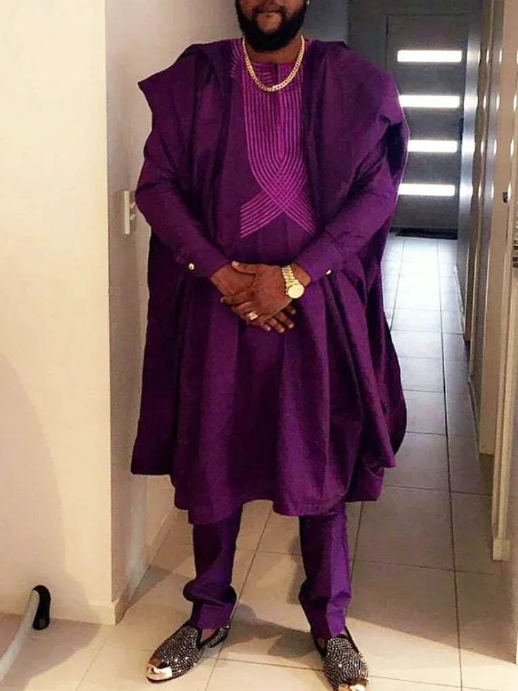 Men's African Traditional Clothing: Bazin Rich Original Heat Pressed White Clothing, Three-piece Suit, Suitable for Wedding Part