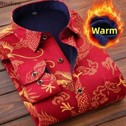2026 Men's Wedding Party Warm Shirts Autumn Winter Oversized Casual Dress Office Business Fleece Shirts Male Casual Warm Shirts