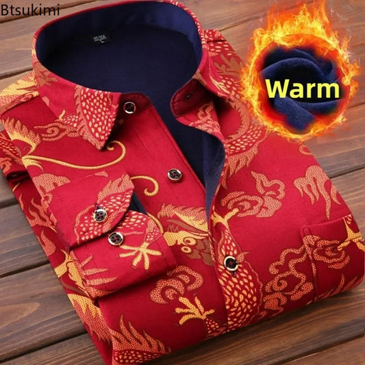 2026 Men's Wedding Party Warm Shirts Autumn Winter Oversized Casual Dress Office Business Fleece Shirts Male Casual Warm Shirts