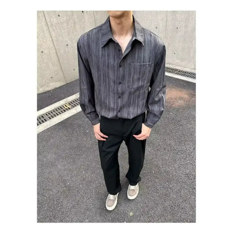 Men's Striped Long-Sleeve Shirt Casual Loose Fit Button-Up Top