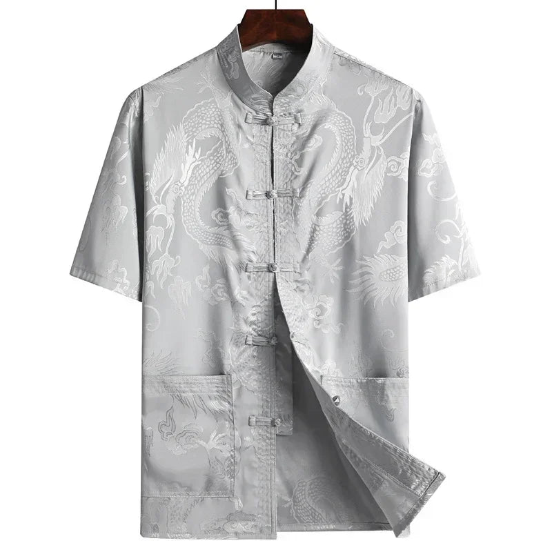 Traditional Chinese Clothing for Men Red Tang Suit Hanfu Short Sleeve Shirt Vintage Kung Fu China Tops Embroidery Clothes