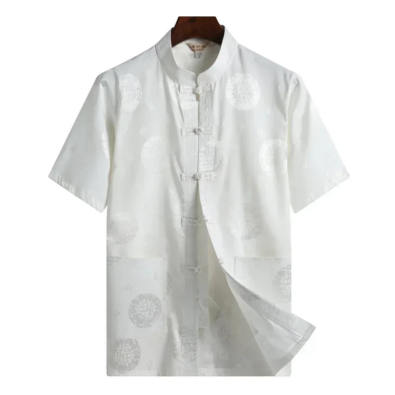 Traditional Chinese Clothing for Men Red Tang Suit Hanfu Short Sleeve Shirt Vintage Kung Fu China Tops Embroidery Clothes