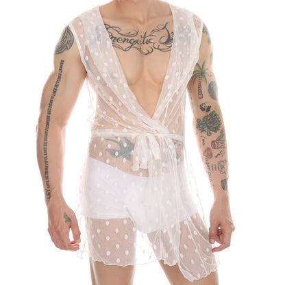 Men Robes Mesh Lace Homewear Sexy Sleepwear Nightwear Nightgown See Through Hooded Long Transparent Leisure Bathrobes