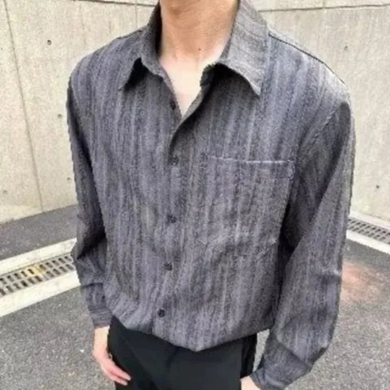 Men's Striped Long-Sleeve Shirt Casual Loose Fit Button-Up Top