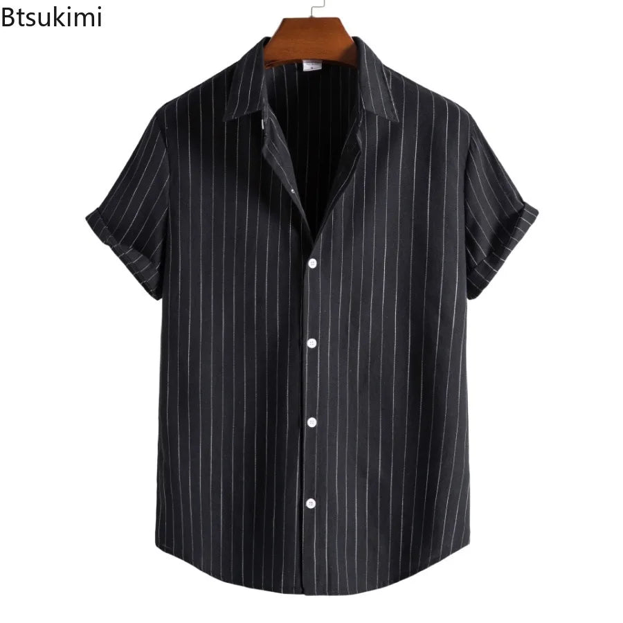 2026 Men's Striped Shirts Fashion Holiday Style Short Sleeve Casual Shirts Comfortable Loose Street Tops Men Summer Basic Shirts
