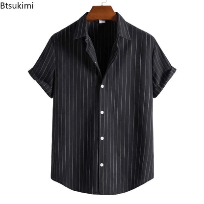 2026 Men's Striped Shirts Fashion Holiday Style Short Sleeve Casual Shirts Comfortable Loose Street Tops Men Summer Basic Shirts