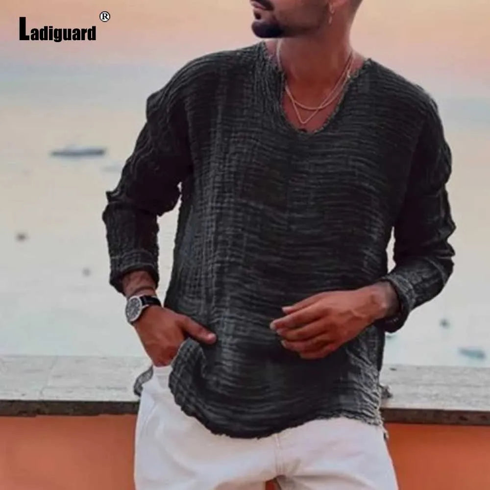 Men's Patchwork T-shirt Men Long Sleeve Fashion Ripped Cotton Tops Latest Summer Casual Linen Pullovers Sexy Mens clothing 2024