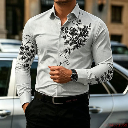 2026 New Men's Shirt with Rose Print, Long Sleeve, Slim Fit, Wrinkle-Free, Business Casual White Shirt, Trendy Men's Shirt