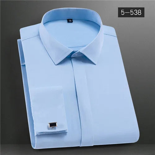 French Shirts for Men Covered Button Solid Plain Long Sleeve Business Party Tuxedo Men Dress Shirt with French Cufflinks