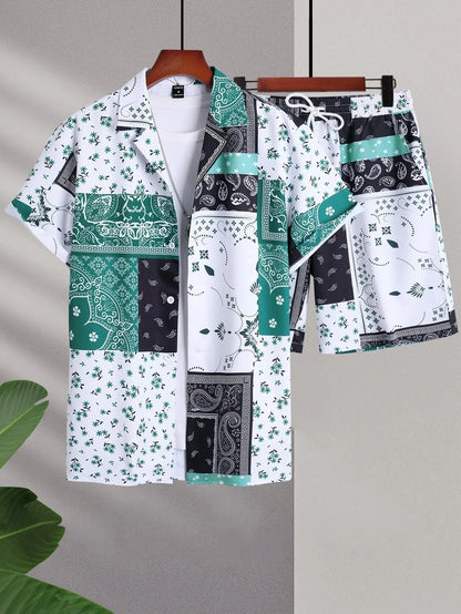 2024 Men Sets Print Patchwork Lapel Short Sleeve Casual Shirt Beach Shorts Summer Streetwear Vacation Hawaiian Suits Men S-5XL