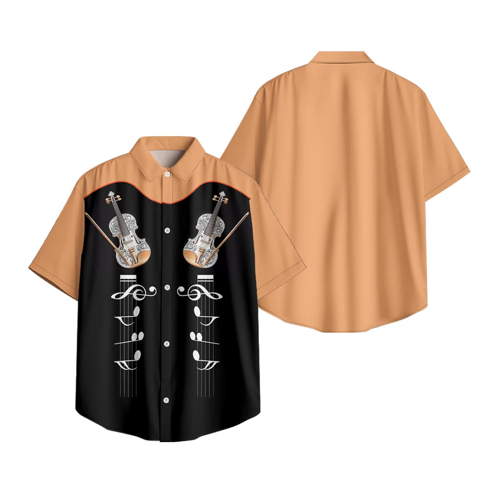 Men's Fashion Casual Shirt with Musical & Floral Design Short Sleeve Button Up Shirt Retro Hawaiian Inspired Summer Shirt