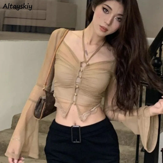 Sheer T-shirts for Women Hot Girls Summer Clothing All-match Solid High Street Sexy Chic Long Sleeve Thin Young Skinny Casual